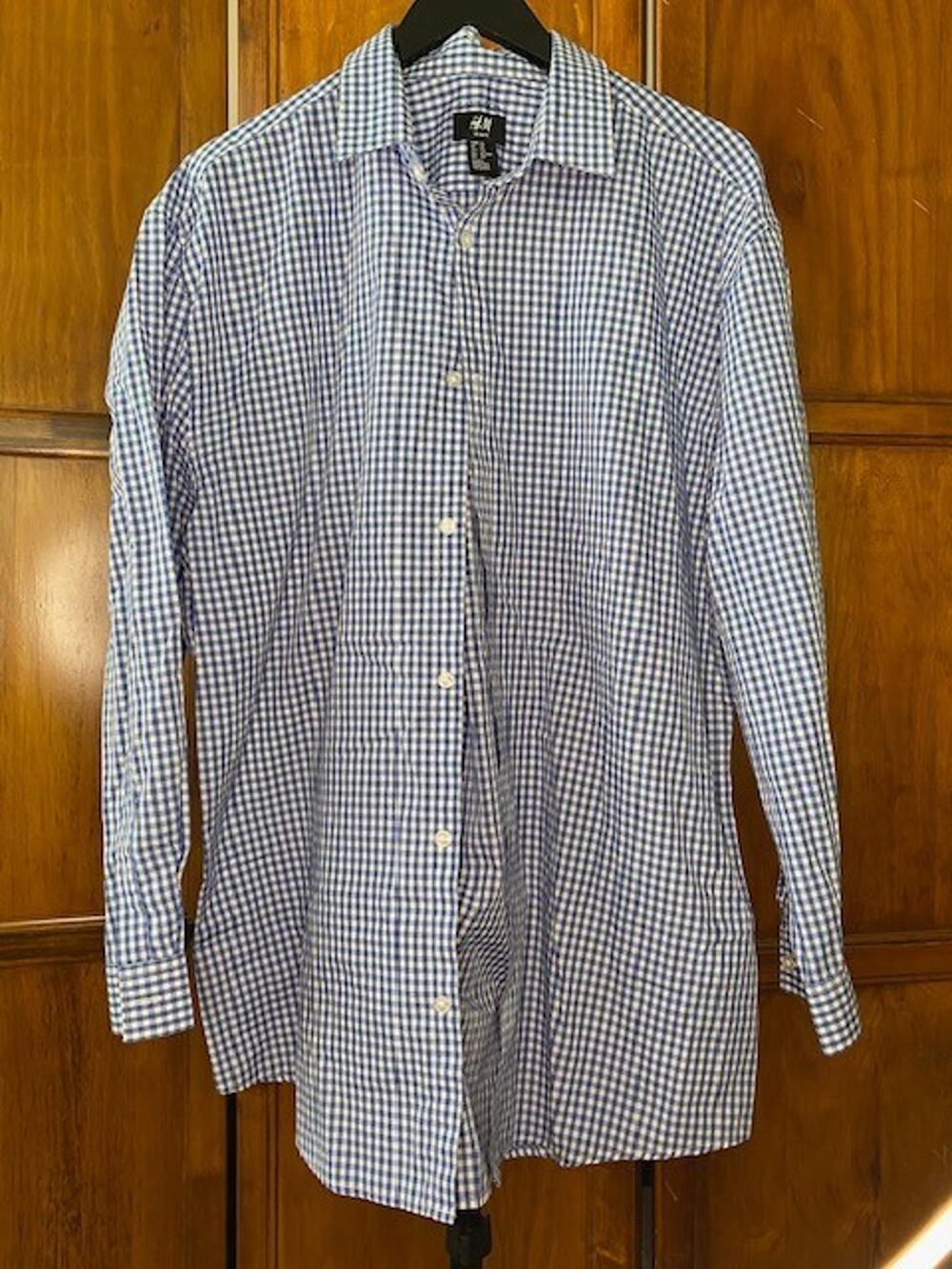 H&M Easy Iron SlimFit Shirt Mens XXL Blue White Gingham Check Long Sleeve Button